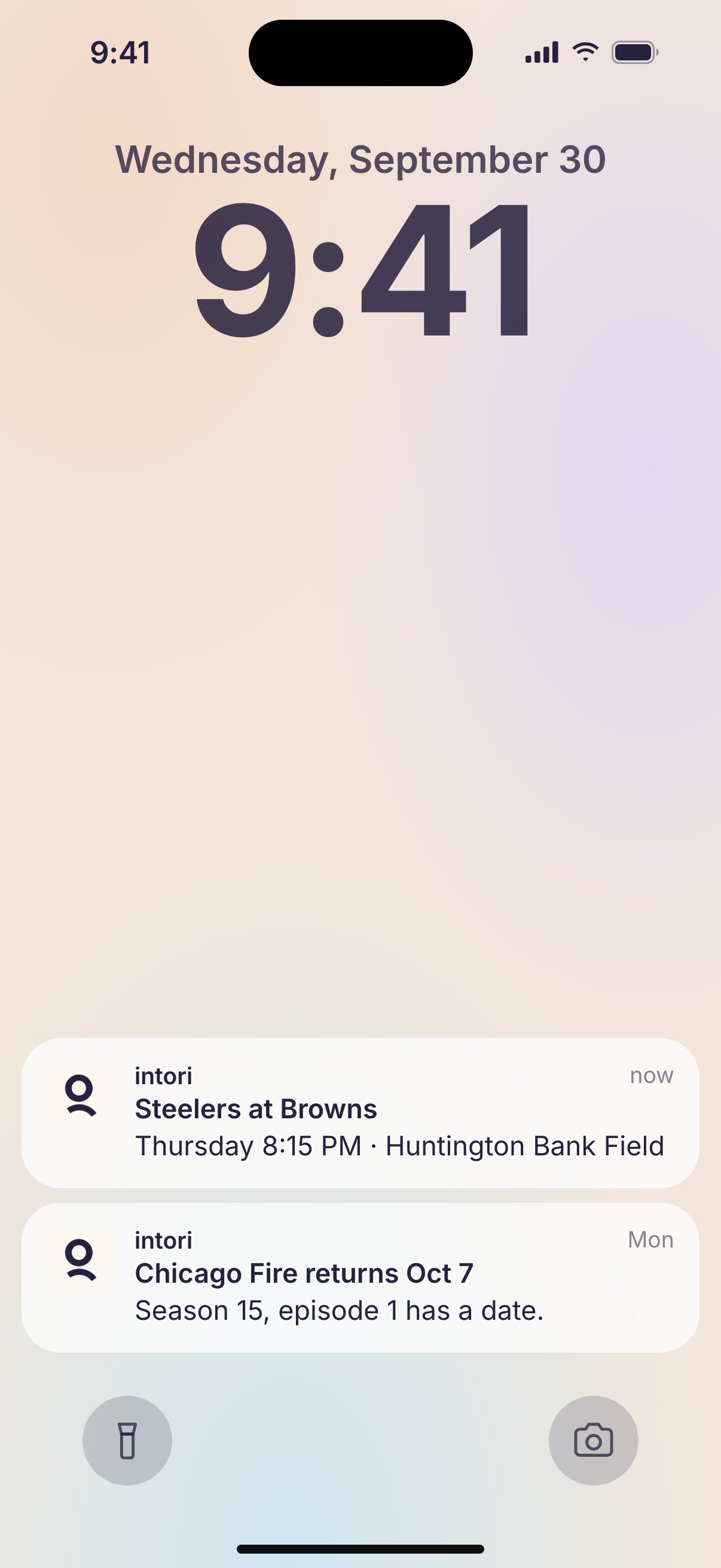 An iPhone lock screen with two intori notifications: Steelers at Browns on Thursday at 8:15 PM, and Chicago Fire returning October 7