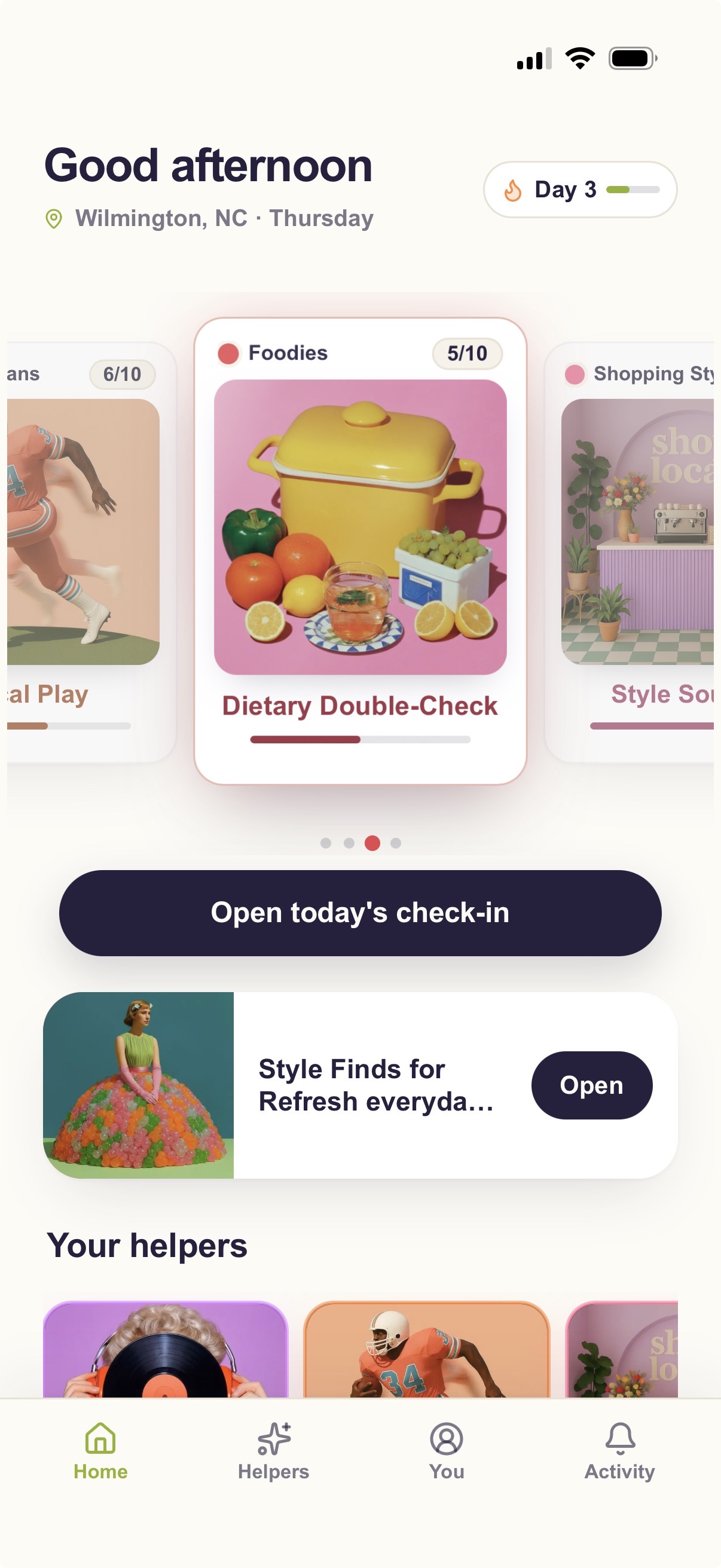 intori home screen showing today's personalized check-in and helpers